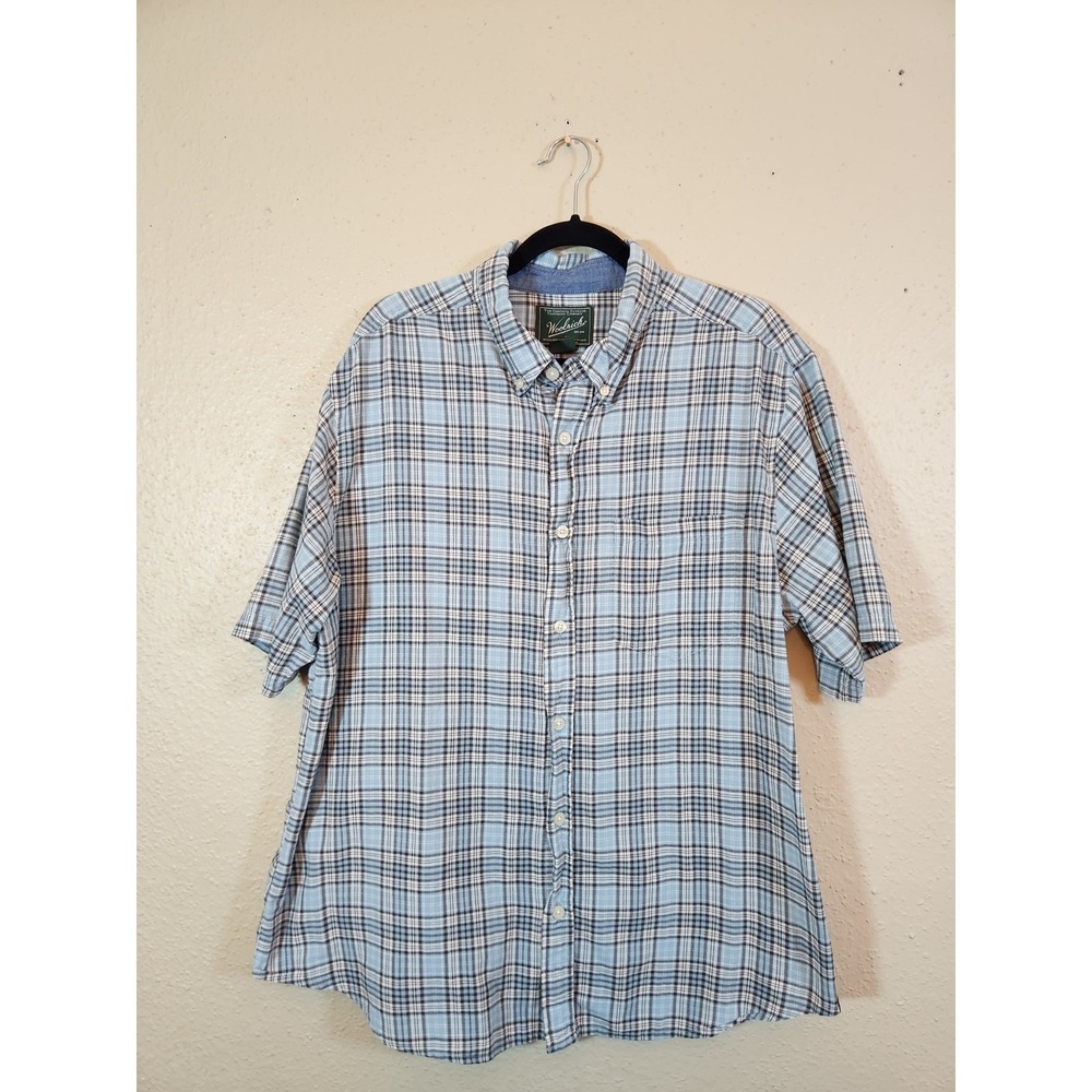 Woolrich Mens XL‎ Light Blue Plaid Short Sleeve Button Down Shirt Cotton Outdoor